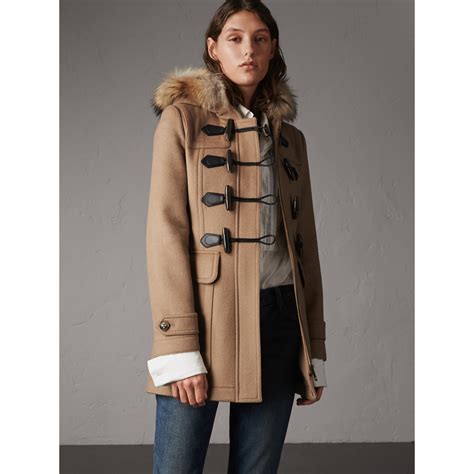 fox fur trim wool duffle coat burberry|burberry camel duffle coat.